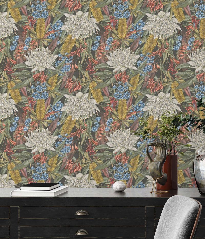 Jungle floral wallpaper with leaves and flowers: multicoloured, 1402052 AS Creation