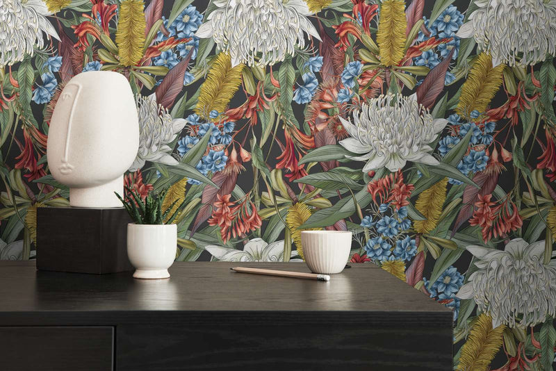 Jungle floral wallpaper with leaves and flowers: multicoloured, 1402052 AS Creation