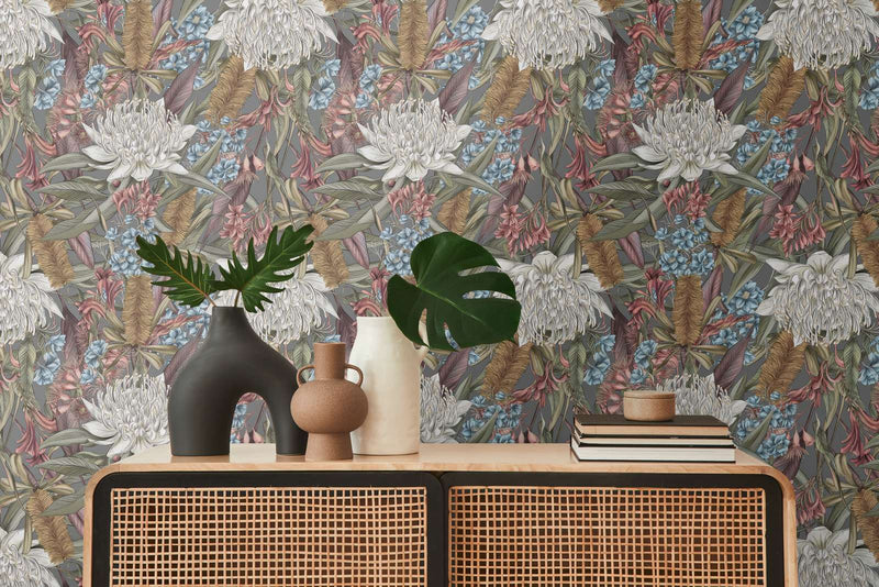 Jungle floral wallpaper with leaves and flowers: green pink, 1402053 AS Creation