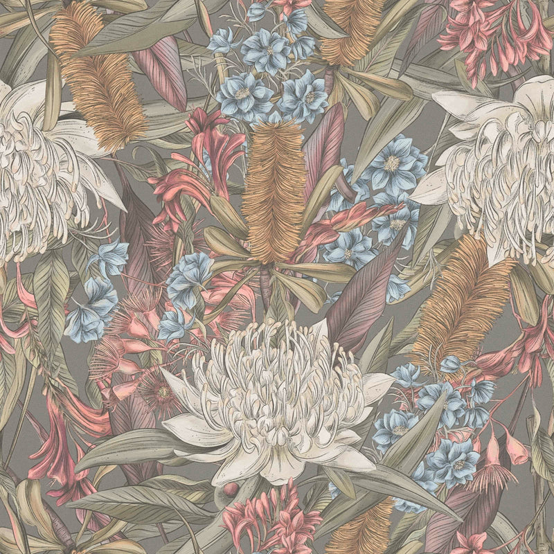 Jungle floral wallpaper with leaves and flowers: green pink, 1402053 AS Creation