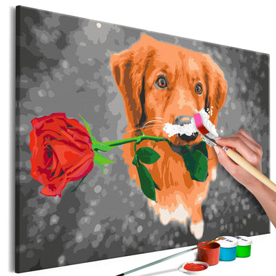 Kanva uz audekla "izkrāso pēc cipariem" - Dog With Rose  60x40 cm Artgeist