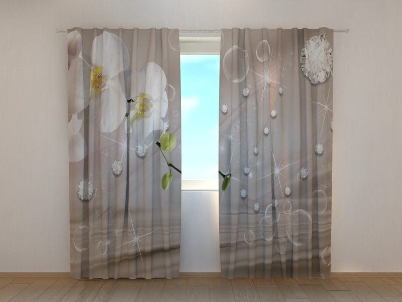 260 x 200 cm Curtains with floral motifs - Orchids on beige silk Tapetenshop.lv