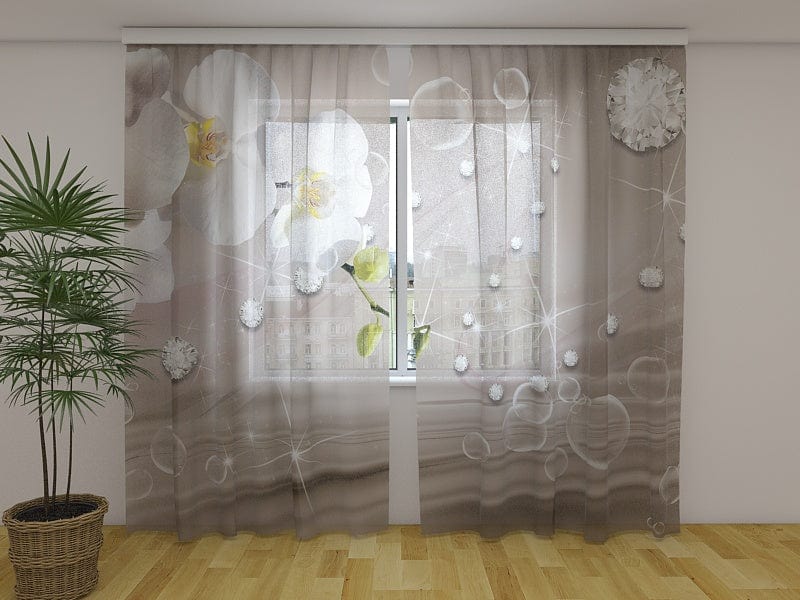 260 x 200 cm Dienas un nakts aizkari ar ziedu motīviem - Orhidejas uz bēša zīda Tapetenshop.lv
