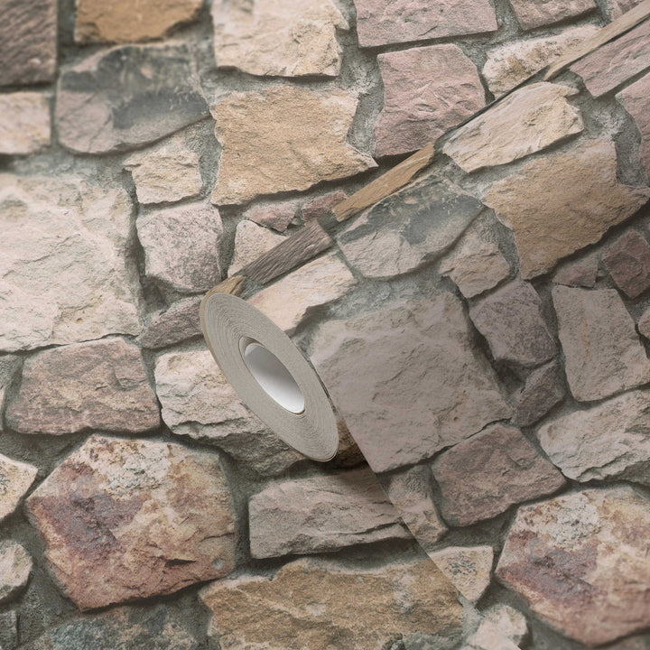 3D tapetes ar akmens izskatu un ķieģeļu mūrējumu - pelēkā, krēmkrāsā AS Creation