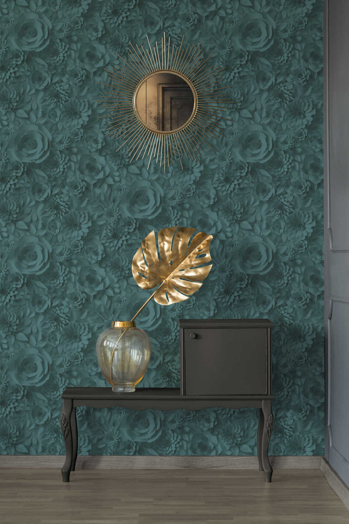 3D tapetes ar papīra ziediem, grafisks ziedu raksts - zilas, 387184 AS Creation