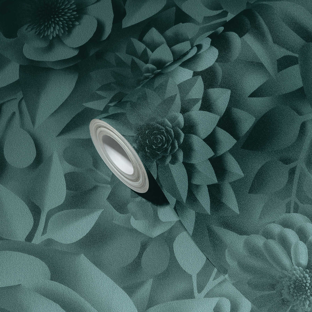 3D tapetes ar papīra ziediem, grafisks ziedu raksts - zilas, 387184 AS Creation