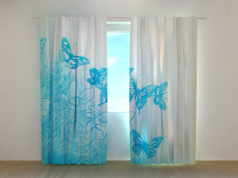 Curtains with watercolour flowers and butterflies in blue shades Tapetenshop.lv