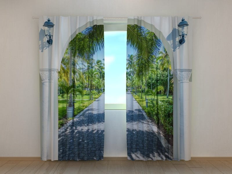 Curtains with arch and beautiful view of the palm garden Tapetenshop.lv