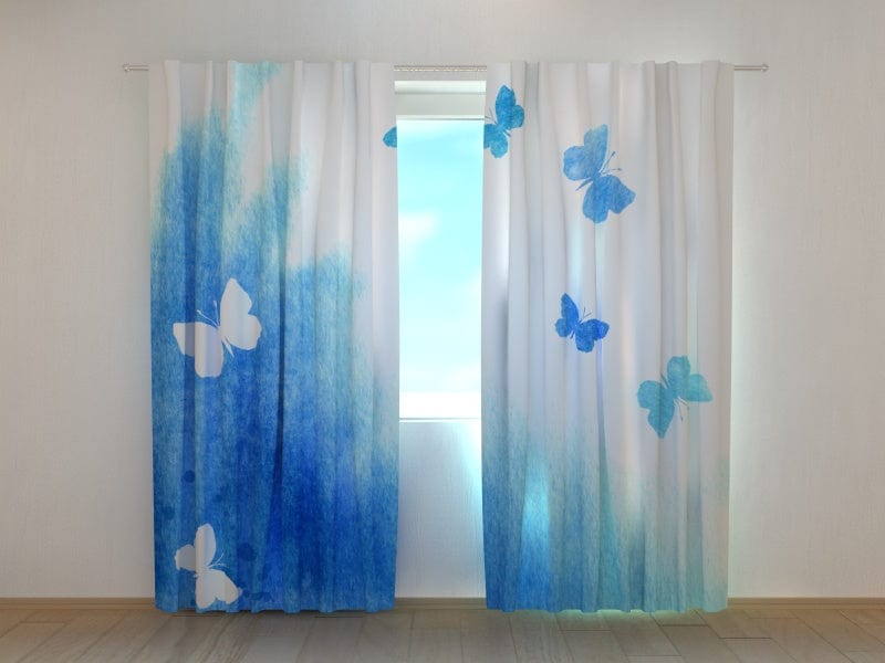 Curtains with white and blue butterflies