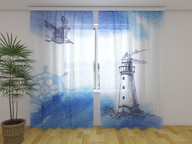 Curtains with sea motif - Watercolour sea 180 x 140 cm (2x90x140 cm) / Chiffon