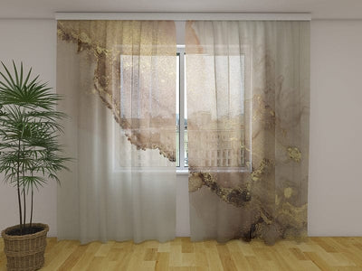 Curtains with marble pattern - Beige marble with gold 160 x 140 cm (2x80x140 cm) / Chiffon