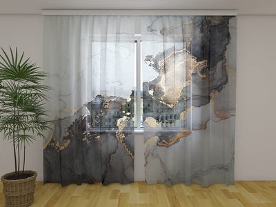 Curtains with marble pattern in grey, black and gold Tapetenshop.lv
