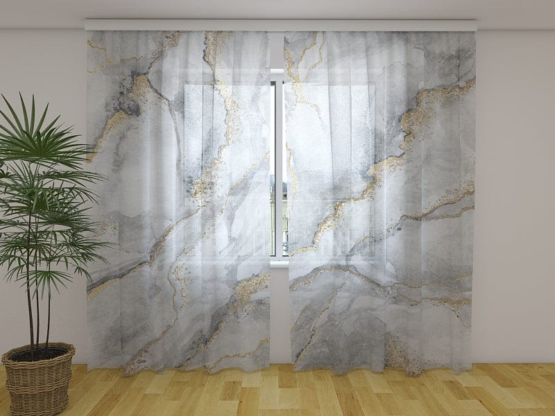 Verhot marmorikuviolla - Harmaa marmori kultaisilla säikeillä 160 x 140 cm (2x80x140 cm) / Sifonki / Sifonki