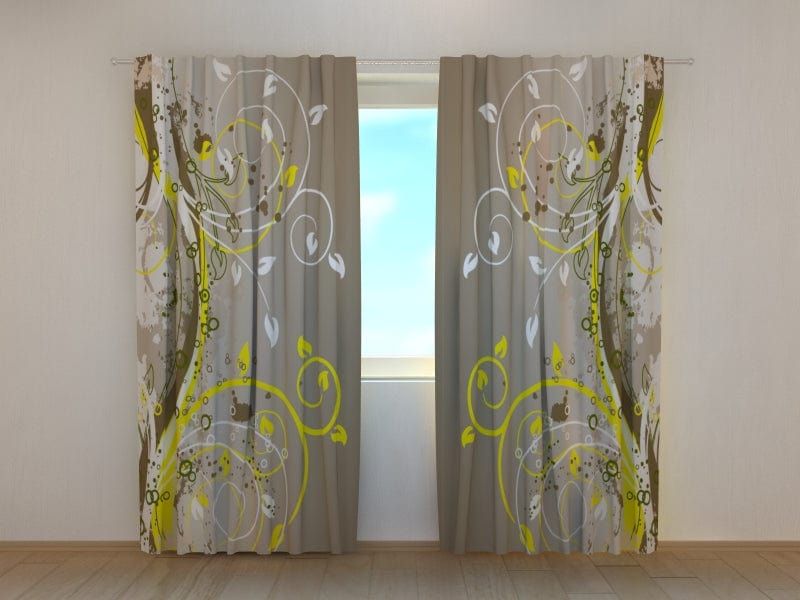 Curtains with a modern pattern - stylised leaves on a brown background Tapetenshop.lv