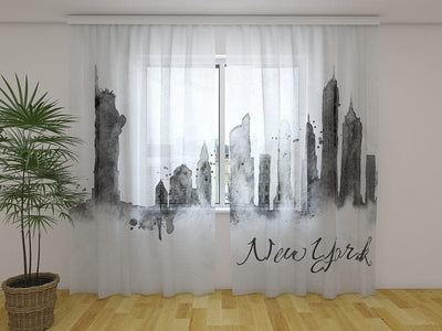 Verhot New Yorkin siluetilla (mustavalkoinen) 160 x 140 cm (2x80x140 cm) / Sifonki / Sifonki