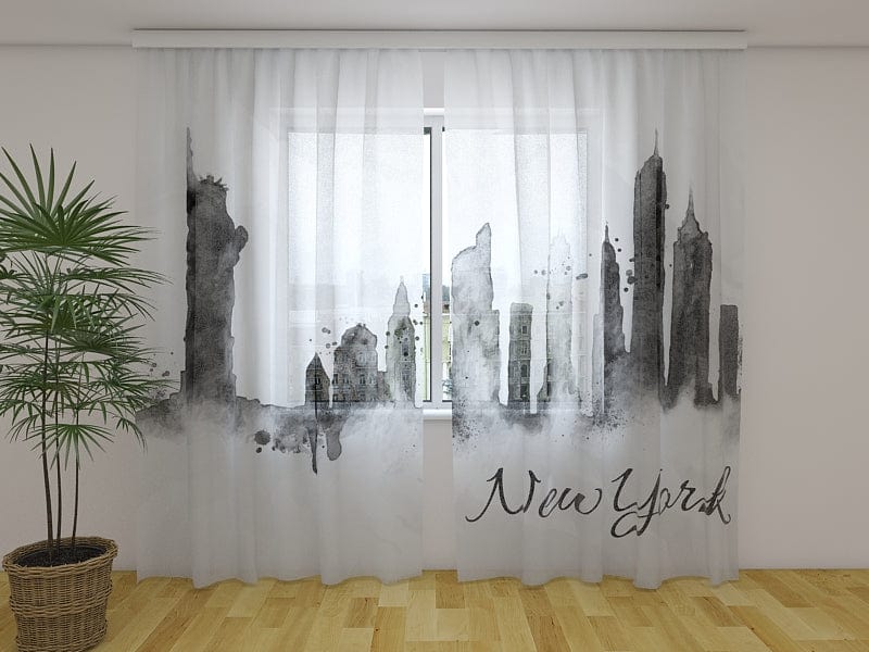 Verhot New Yorkin siluetilla (mustavalkoinen) 160 x 140 cm (2x80x140 cm) / Sifonki / Sifonki