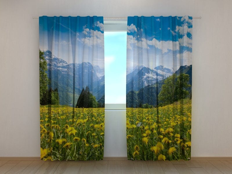 Curtains with dandelion meadow and view of the Alps Tapetenshop.lv