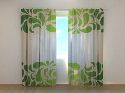 Curtains with green ornaments Tapetenshop.lv
