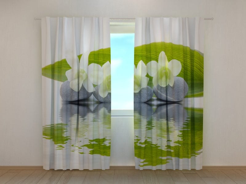Curtains with flowers - White orchids and stones Tapetenshop.lv