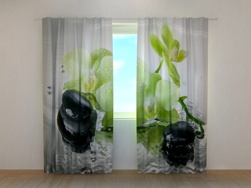Curtains with flowers - Orchid in pistachio Tapetenshop.lv