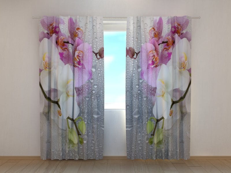 Curtains with flowers - Orchids and rain Tapetenshop.lv