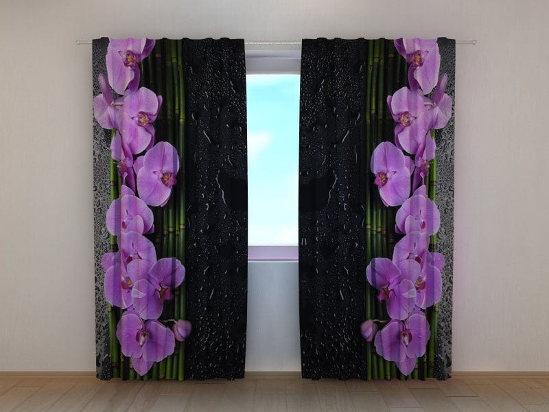 Užuolaidos su gėlėmis - Orchidėjos ant juodos spalvos