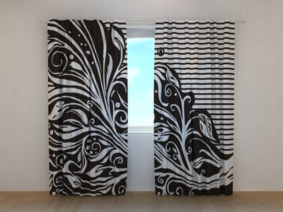 Verhot, joissa on kukka-aiheita - abstrakti mustavalkoinen kukka-aihe 160 x 140 cm (2x80x140 cm) / Sifonki SCREEN