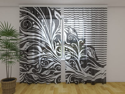 Шторы с цветочными мотивами - с абстрактным черно-белым цветочным мотивом 160 x 140 см (2x80x140 см) / Шифон