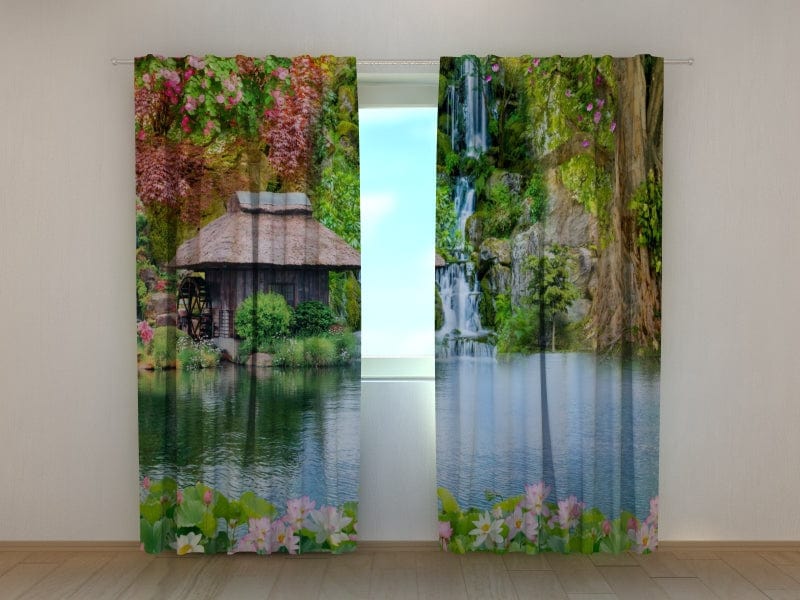 Curtains with floral motifs - with nature - Oriental garden with waterfall Tapetenshop.lv