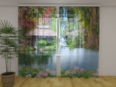 Curtains with floral motifs - with nature - Oriental garden with waterfall 160 x 140 cm (2x80x140 cm) / Chiffon
