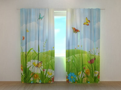 Шторы с цветочными мотивами - для детской комнаты с солнечным лугом 160 х 140 см (2х80х140 см) / SCREEN
