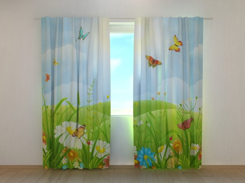 Kukka-aiheiset verhot - lastenhuoneeseen, jossa on aurinkoinen niitty 160 x 140 cm (2x80x140 cm) / SCREEN