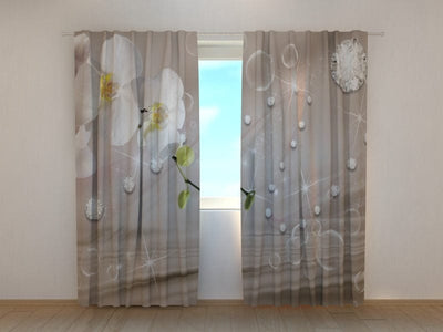 Curtains with floral motifs - Orchids on beige silk Tapetenshop.lv