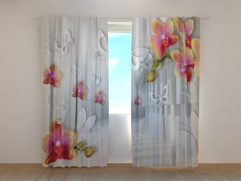 Curtains with floral motifs - Tunnel with orchids and butterflies Tapetenshop.lv