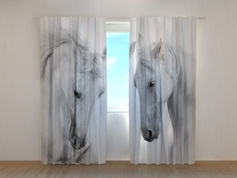 Curtains with horses - White horses pair Tapetenshop.lv