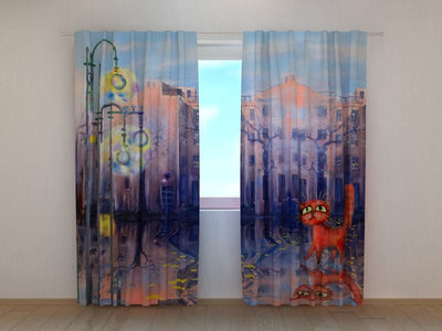 Children's room curtains with a cat on the street