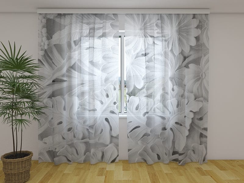 Curtains in light grey shades - Floral Relief Tapetenshop.lv