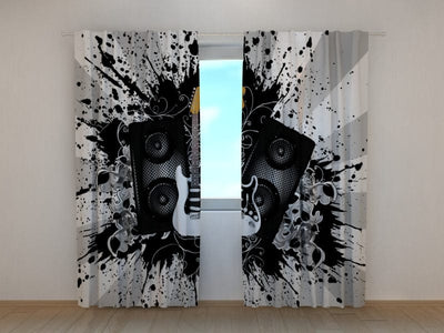 Curtains for youth room with music theme - black and white guitar Tapetenshop.lv