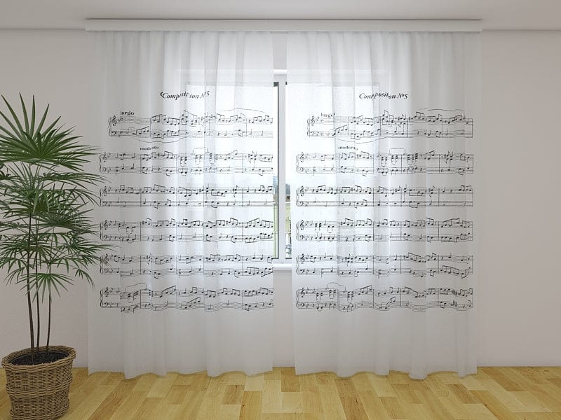 Aizkari ar apdruku uz mūzikas tematiku - notis uz balta fona Tapetenshop.lv