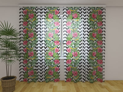 Curtains Tropical leaves and Hibiscus flowers