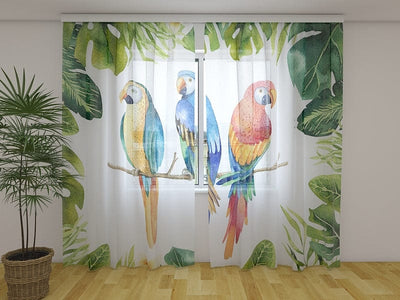 Curtains Tropical leaves and parrots 180 x 140 cm (2x90x140 cm) / Chiffon