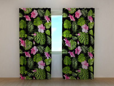 Curtains Tropical flowers on black background