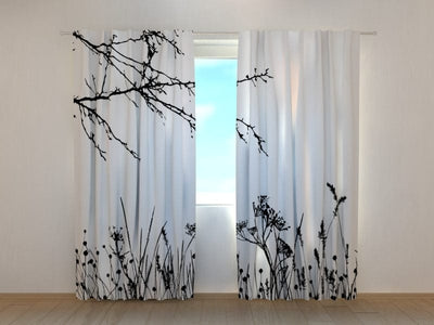 Curtains Grass and tree shade (black and white) Tapetenshop.lv