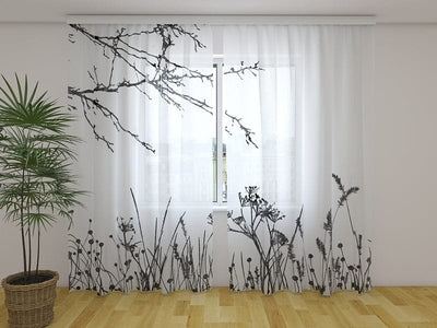 Curtains Grass and wood shade (black and white) 160 x 140 cm (2x80x140 cm) / Chiffon
