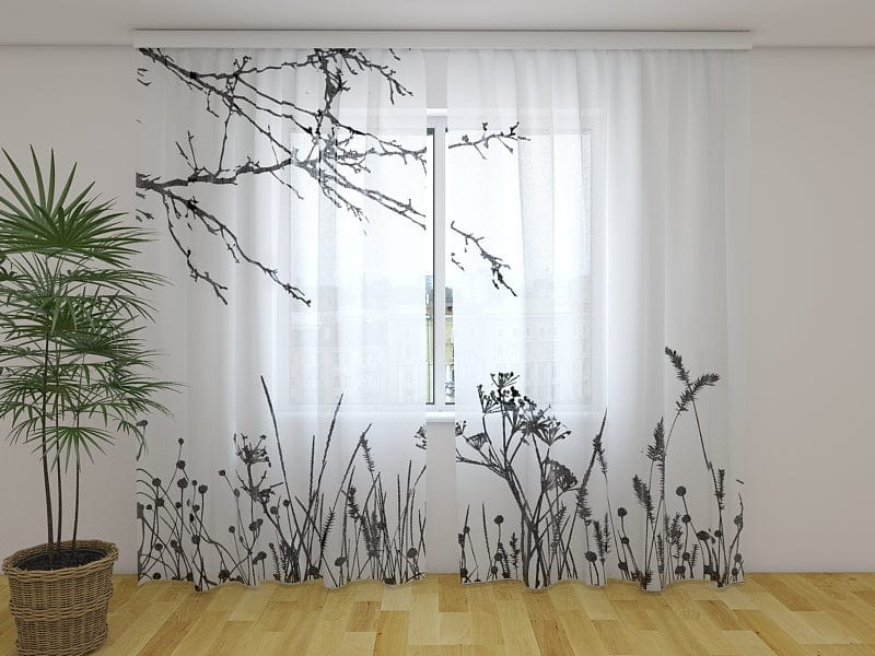 Curtains Grass and wood shade (black and white) 160 x 140 cm (2x80x140 cm) / Chiffon