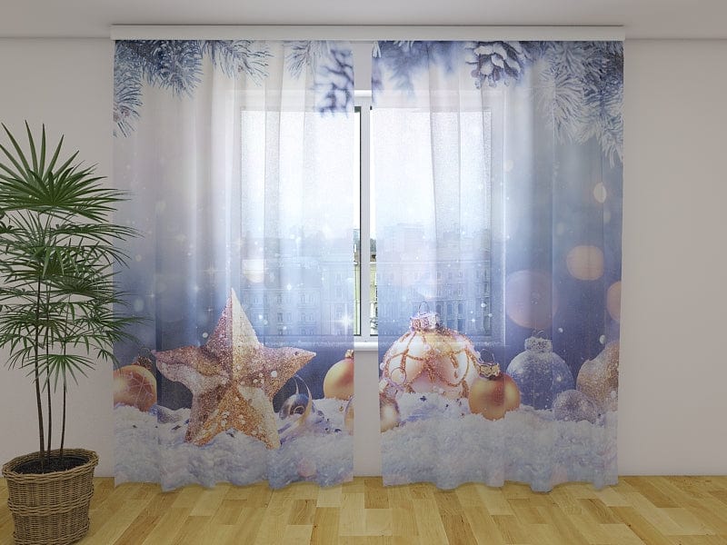 Curtains Golden star on snow 180 x 140 cm (2x90x140 cm) / Chiffon