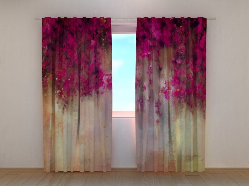 Dienas un nakts aizkari - Ziedi karmīnsarkanā krāsa uz zelta fona 180 x 140 cm (2x  90x140 cm) / Chiffon Tapetenshop.lv