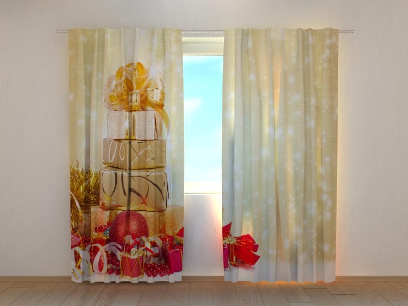 Curtains with Christmas presents