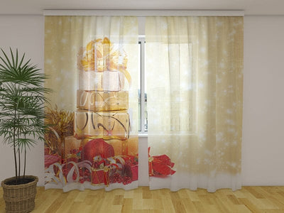 Curtains with Christmas gifts on gold background Tapetenshop.lv