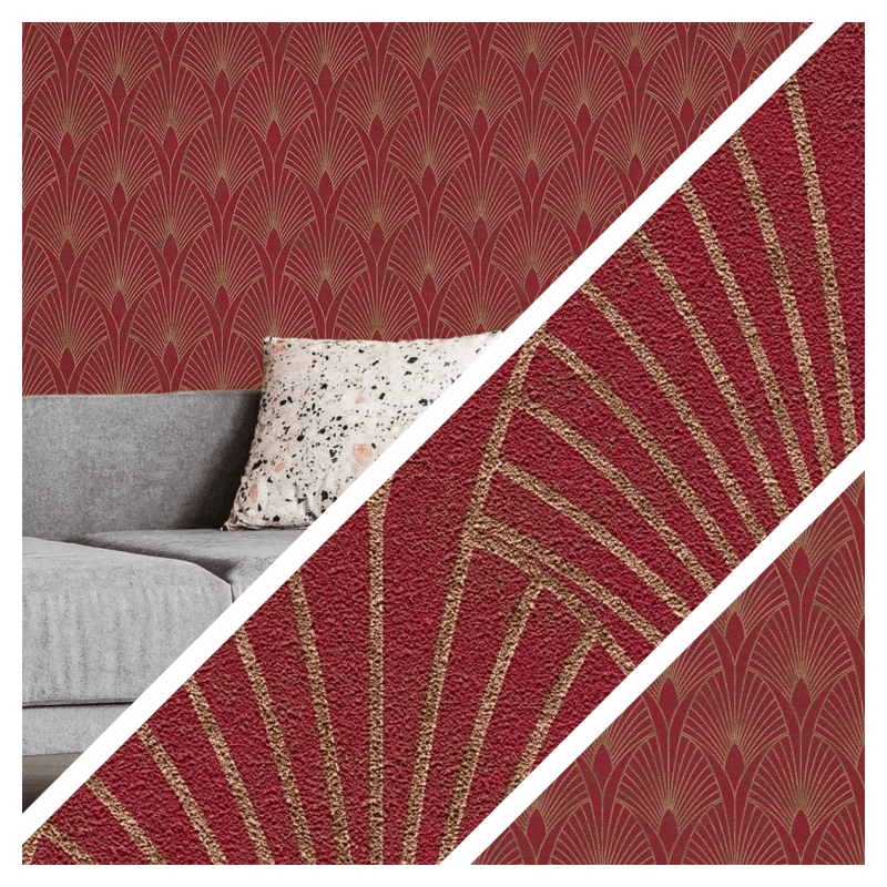 Art Deco tapetes ar zelta retro rakstu un fonu sarkanā krāsā AS 374274 AS Creation